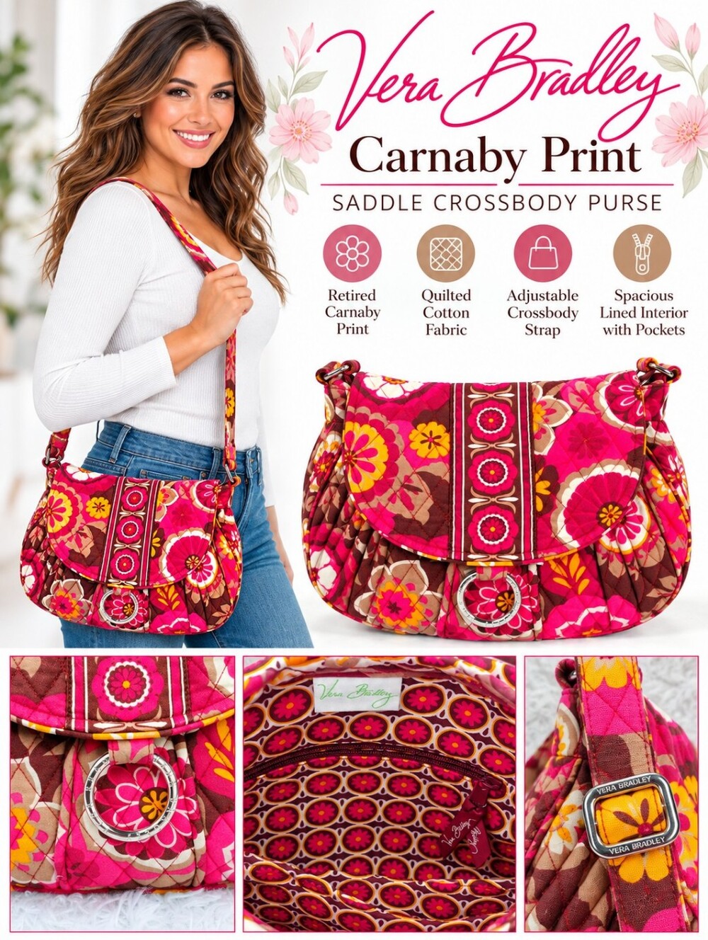 Vera Bradley Carnaby Saddle Crossbody Purse – Retired Floral Print